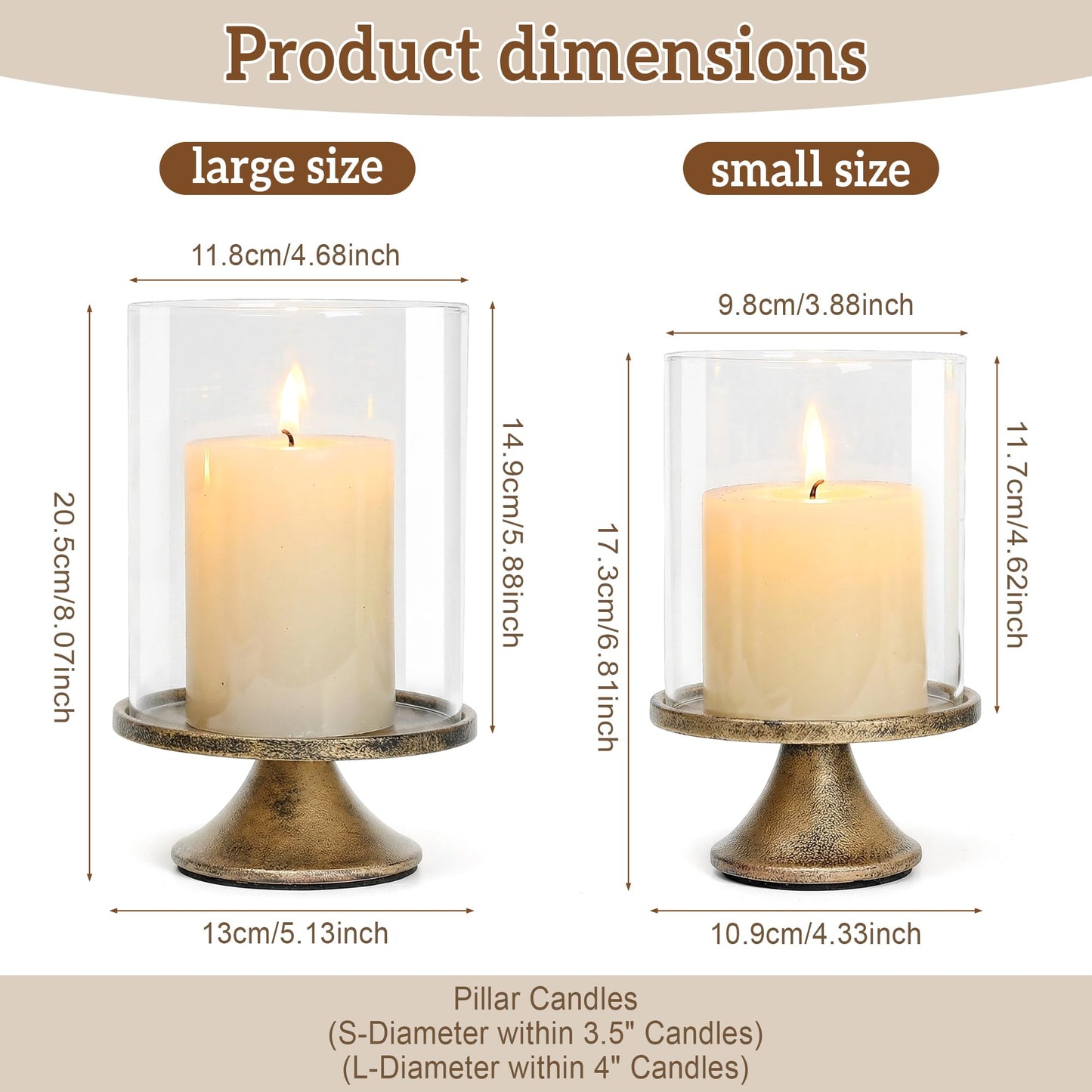 SUJUN Set of 2 Hurricane Candle Holder Set with Glass Dome & Iron Base – Elegant Decorative Pillar Candle Holders for Living Room, Dining Room & Bedroom Centerpiece - Ideal Home Décor