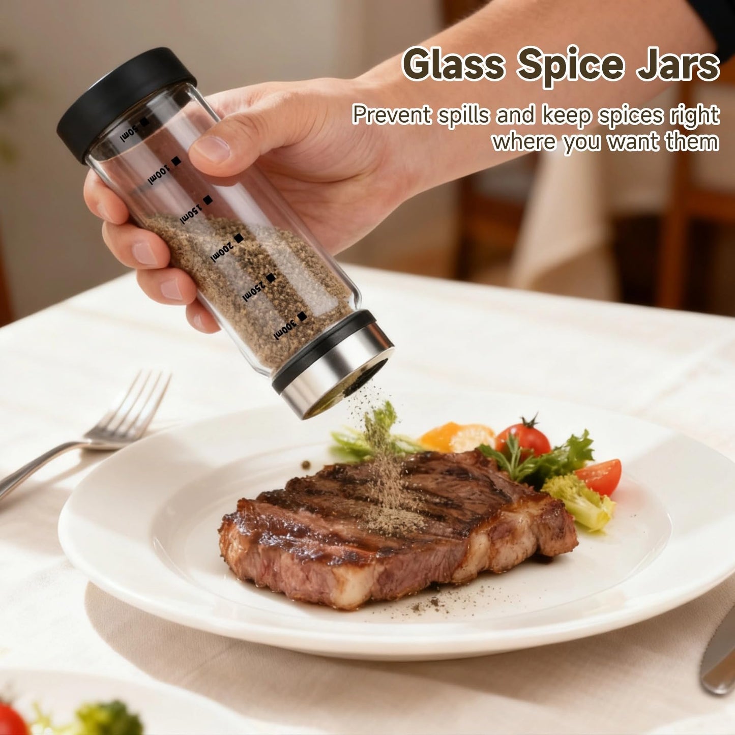 2 Pcs Salt and Pepper Shakers, 350ml Glass Spice Bottles with Adjustable Pour Holes, Spice Dispensers with Non-Slip Silicone Bases, Seasoning Jars with Rotating Steel Lids for Kitchen