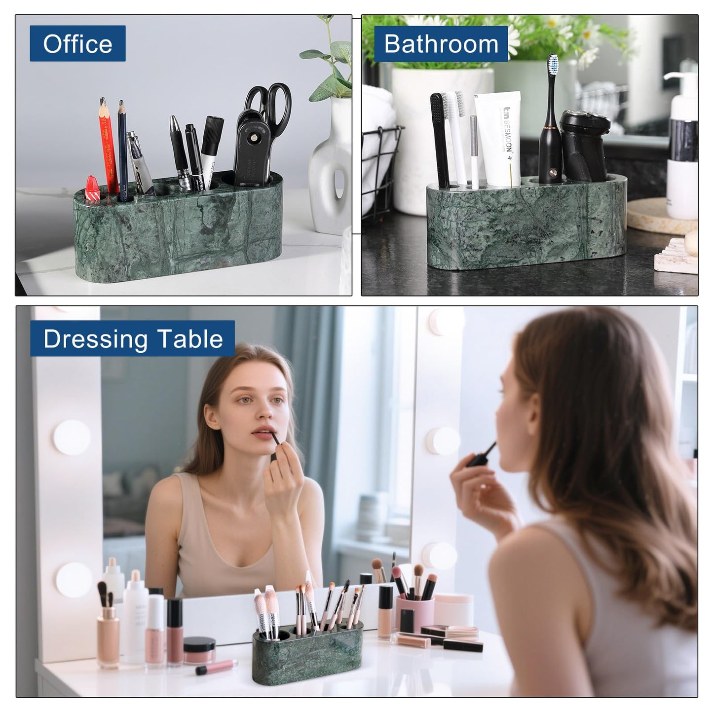 BCS Toothbrush Holder for Bathrooms, 6 Slots Marble Toothbrush Organizer, Makeup Brush Stand Toothbrush Storage Collection for Bathroom Countertop Vanity Organization - Indian Green