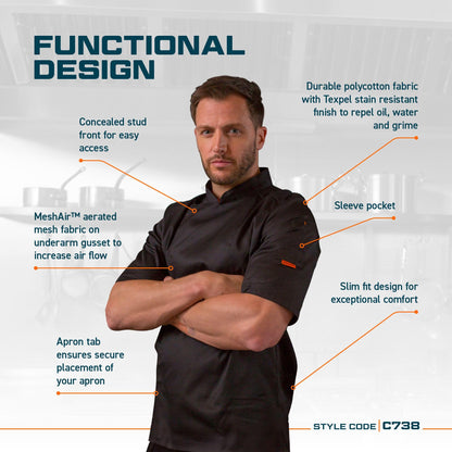 Portwest C738 Men's Mesh Air Pro Chef Jacket Short Sleeve Breathable Durable Slim Fit Texpel Finish Workwear Apron with Sleeve Pocket Machine Washable, White, XL