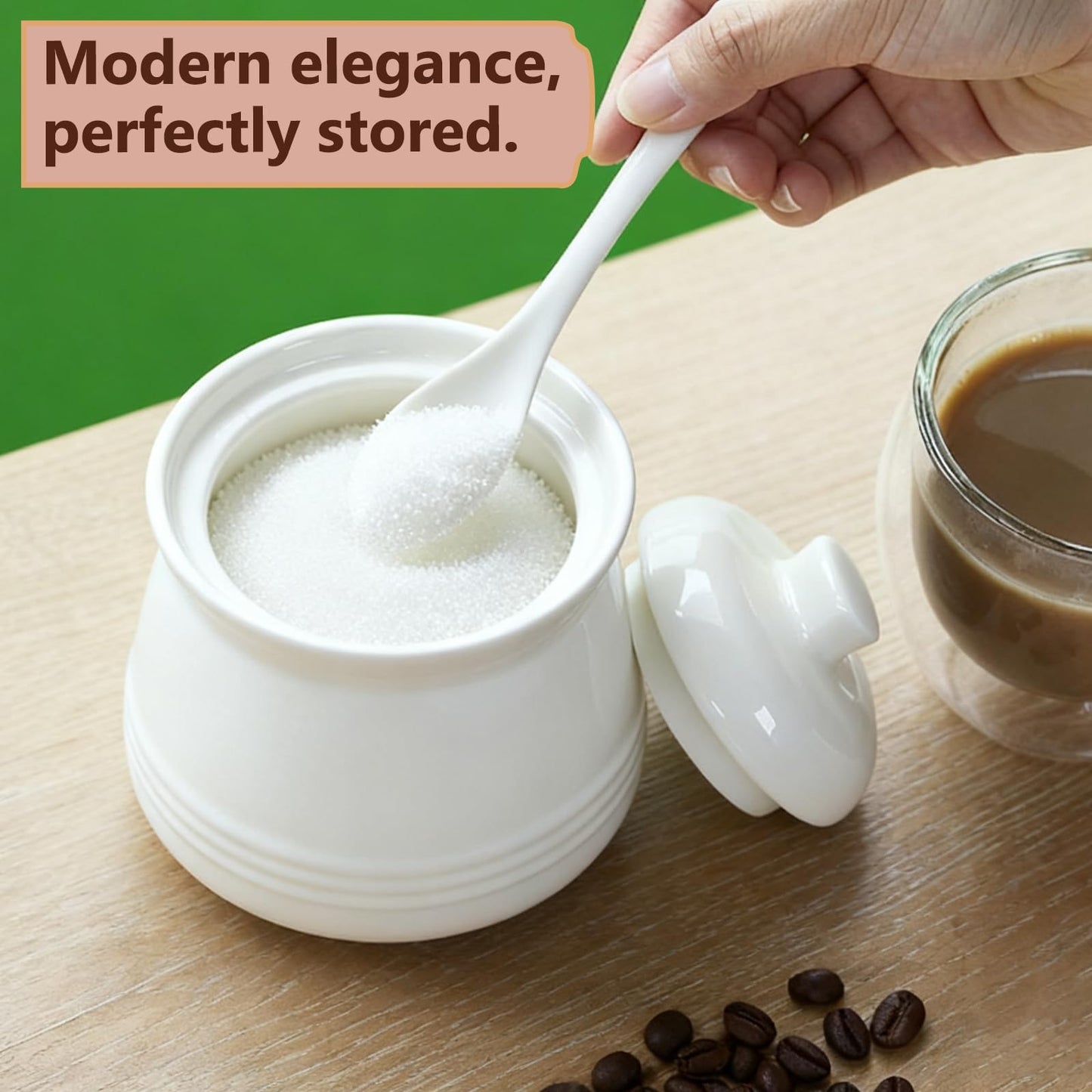 Fcreimd Sugar Bowl Porcelain Sugar Jar, Ceramic Sugar Container with Lid and Spoon, 12 Ounces, White