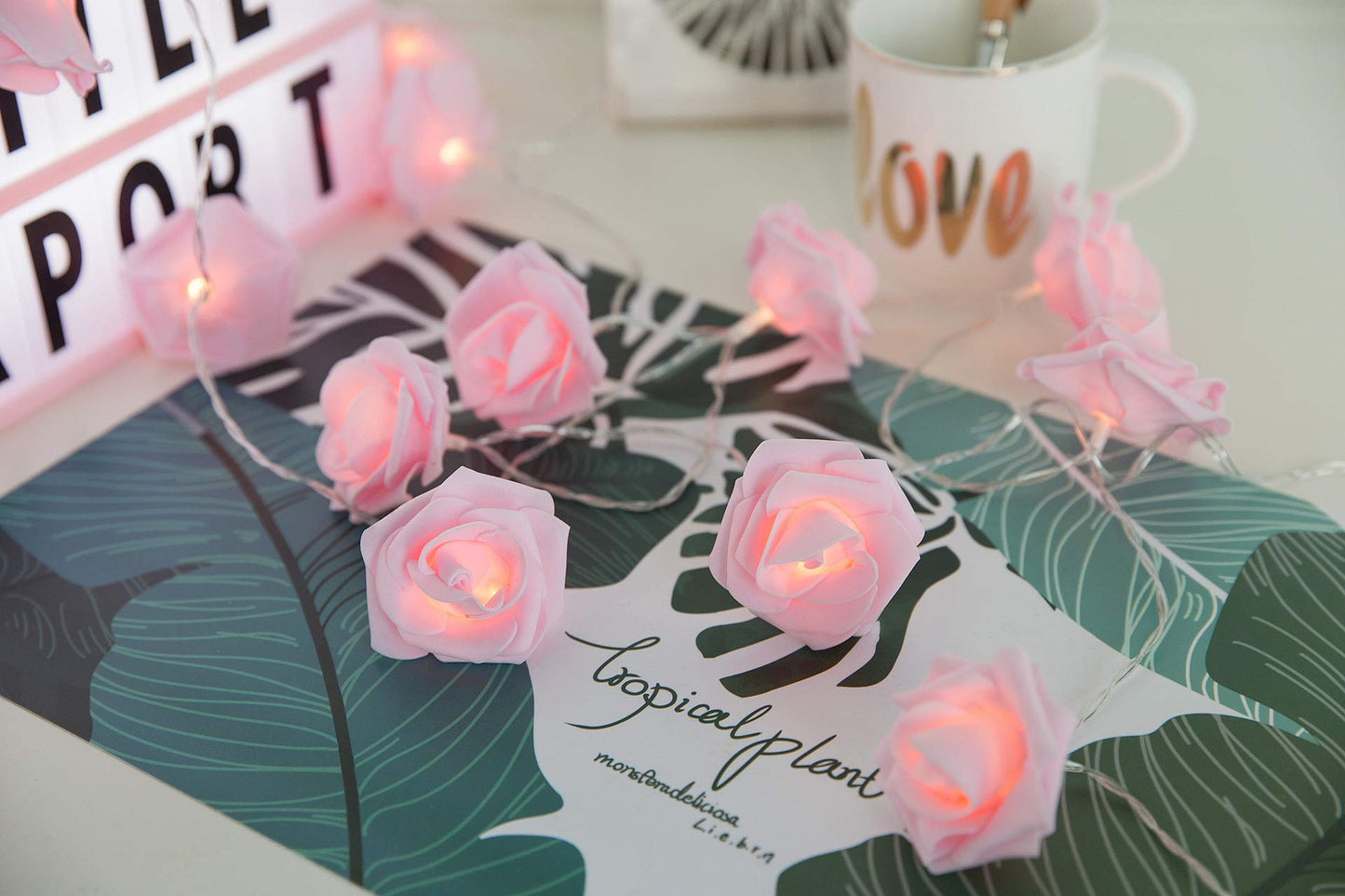 Fantasee LED Pink Rose Flower String Lights Battery Operated for Wedding Home Party Birthday Festival Indoor Outdoor Decorations Large Rose Flower Diameter 6cm (6.6ft 20LED, Pink Rose Warm Lights)