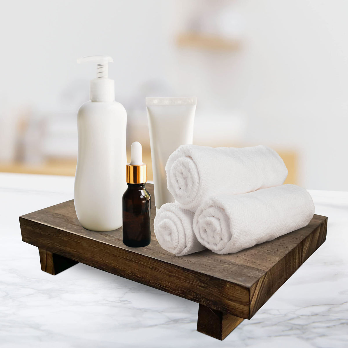 Lyfe Simple Rustic Pedestal Stand - Handmade Small Wood Tray - Soap Tray for Kitchen Sink, Bathroom (Brown, 12 x 7 x 1.5 Inch)