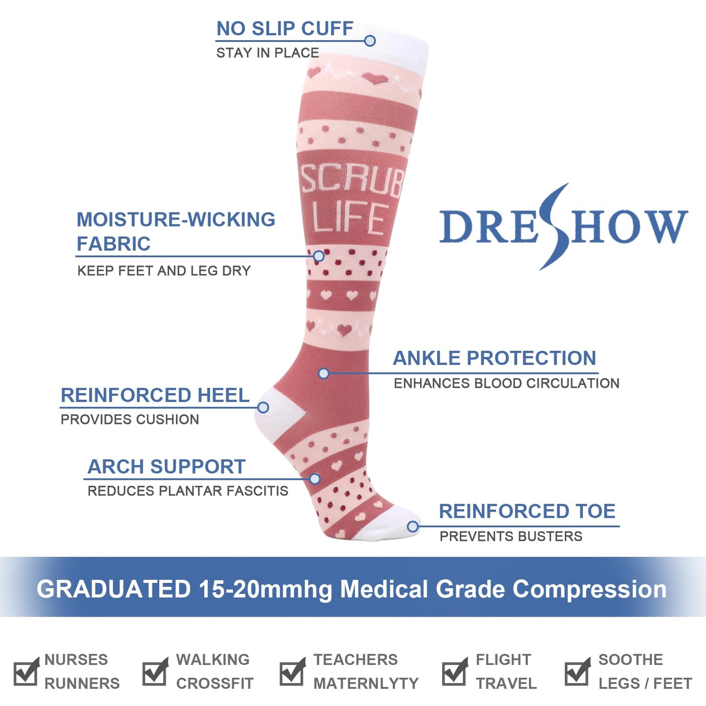 DRESHOW 4 Pairs Compression Socks For Women&Men Circulation Best Support for Athletic Running Cycling Travel