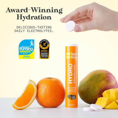 fourfive Hydration Tablets (Orange & Mango) Low Calorie Vitamin Electrolytes, Vegan, Magnesium & Calcium, Sports Hydration - 3x20 Effervescent Tablets