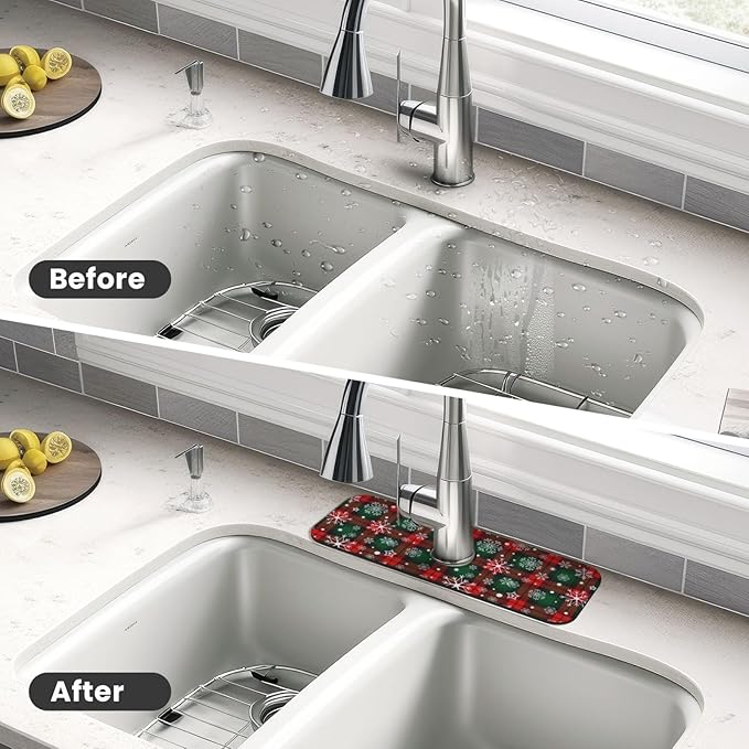 Merry Christmas Snowflakes Red Green Lattice Plaid Kitchen Sink Splash Guard