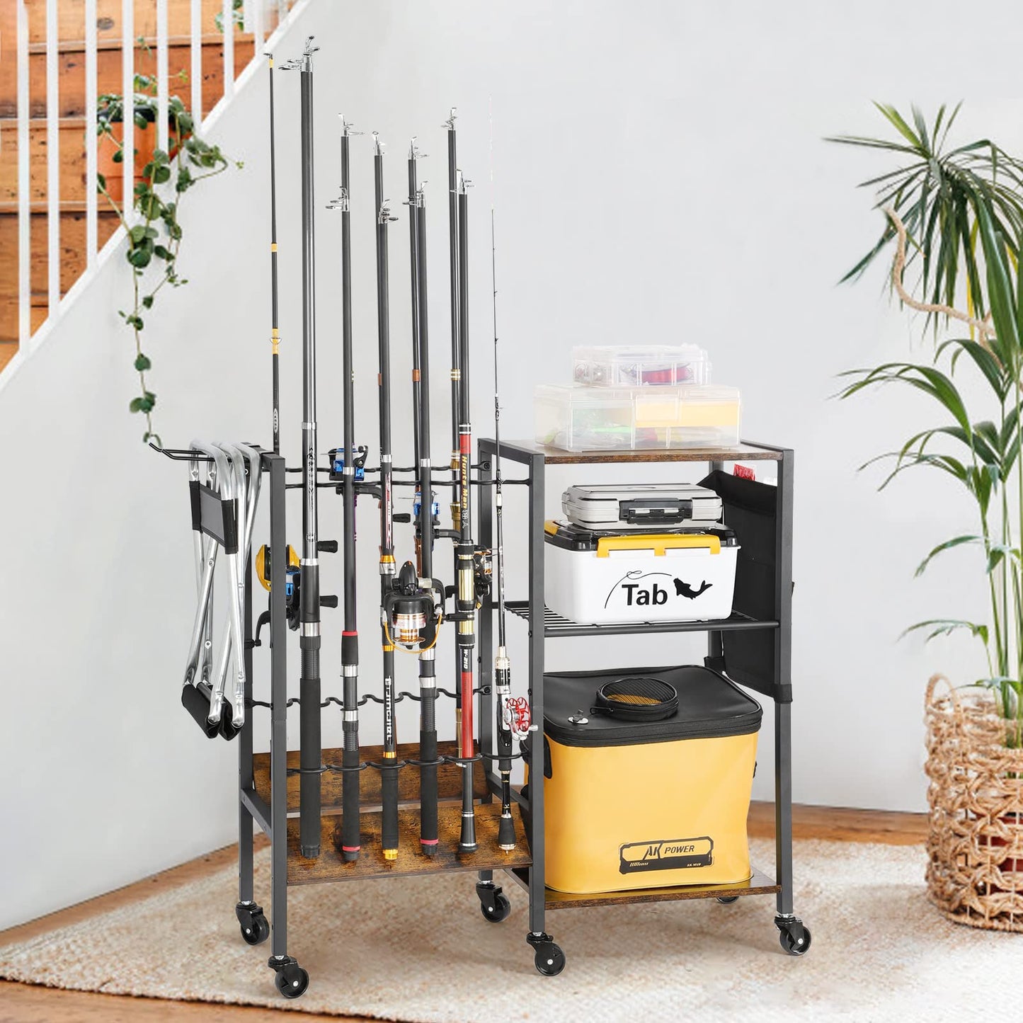 Olakee Fishing Rod Holder for Garage, 12 Fishing Pole Rack & Tackle Organizer, Fishing Gear Storage Cart for Home Entryway & Corner, Space Saving Rod Stand, Heavy Duty Gift for Men Dad Anglers