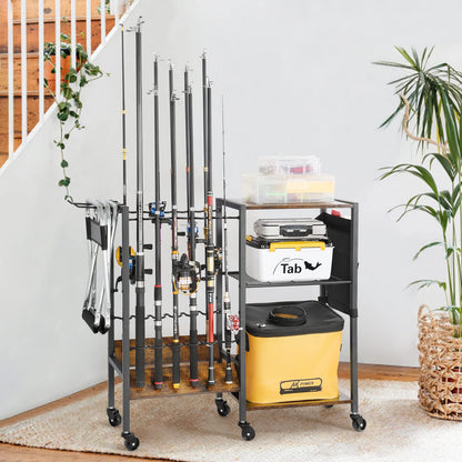 Olakee Fishing Rod Holder for Garage, 12 Fishing Pole Rack & Tackle Organizer, Fishing Gear Storage Cart for Home Entryway & Corner, Space Saving Rod Stand, Heavy Duty Gift for Men Dad Anglers
