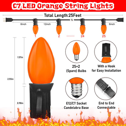 SUNSGNE C7 LED Orange String Lights Outdoor, 25FT Halloween String Lights with 27 LED Orange Lights(2 Spare) for Patio Garden Roofline Backyard Halloween Decorations, Black Wire