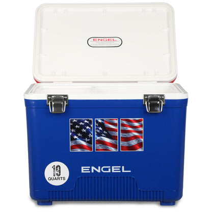 Engel UC19-RWB 19 Quart Fishing Live Bait Dry Box Ice Cooler with Stain/Odor-Resistant Surface and Shoulder Strap, USE Red, White and Blue with American Flag