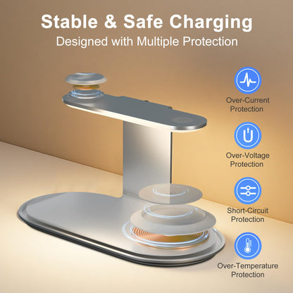 4-in-1 for Magsafe Wireless Charging: 15W Qi Magnetic Fast Charger Station Pad with Night Light for iPhone 17 16 15 14 13 12 Pro Max-for Apple Watch and AirPods Series-Desk Nightstand Bedside, Silver
