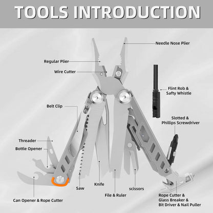 HANSHI Multitool Pliers, 22-in-1 YG10 Tungsten Steel Multi Tool with Scissors,Replaceable Wire Cutters, Flint, Window Breaker, Back Clip,Ideal for Camping, Survival and Gift(Silver)