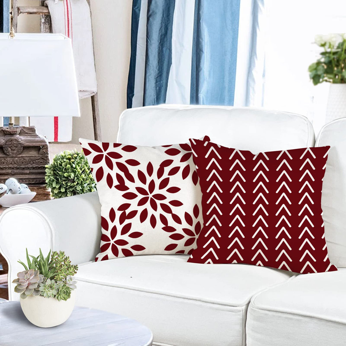 YCOLL Christmas Pillow Covers 18x18 Set of 4, Modern Sofa Throw Pillow Cover for Christmas Decor, Decorative Outdoor Linen Fabric Pillow Case for Couch Bed Car, Wine Red