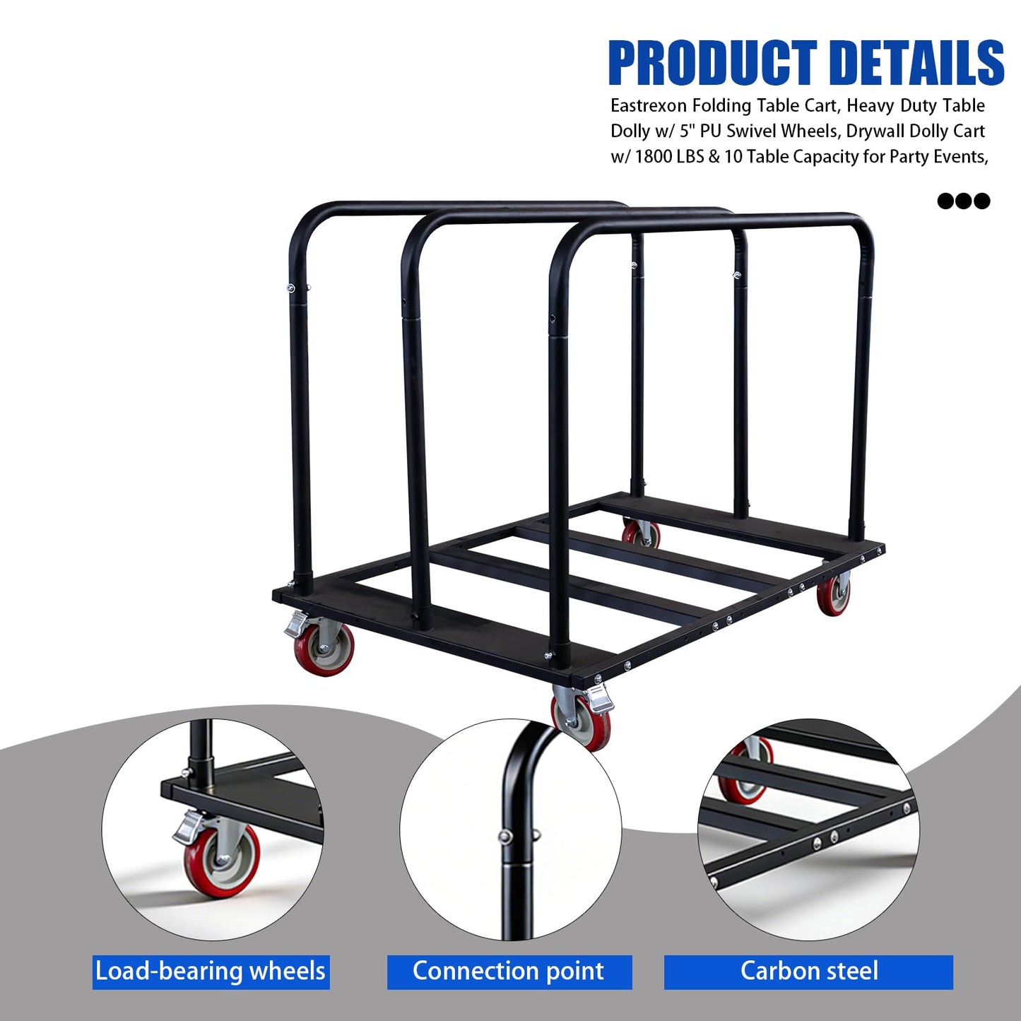 Folding Table Cart, Heavy Duty Table Dolly with 5" PU Swivel Wheels, 1800 LBS Capacity Drywall Trolley, 10 Table Load for Party Events, Hotel, Warehouse, Factory, Moving Panels, Drywall, Boxes