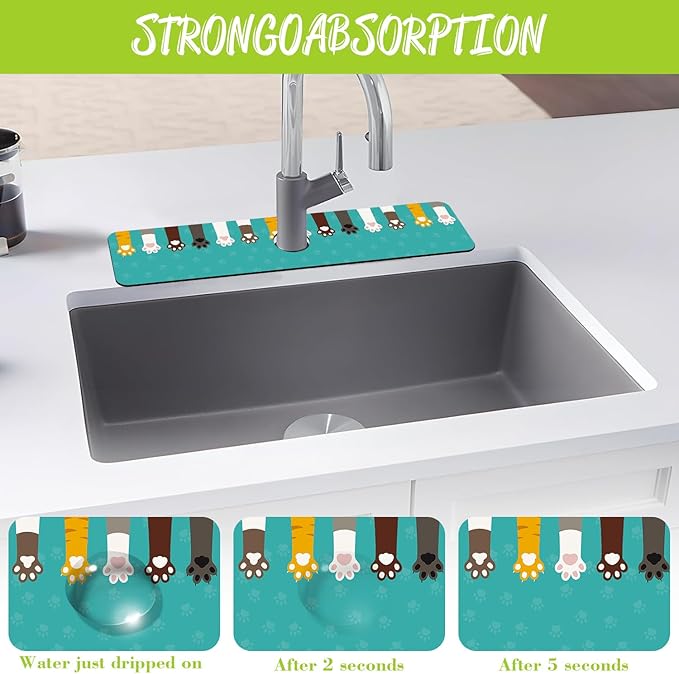 Sink Splash Guard Faucet Mat Cat Paws and Footprints Absorbent Fast Drying Mat