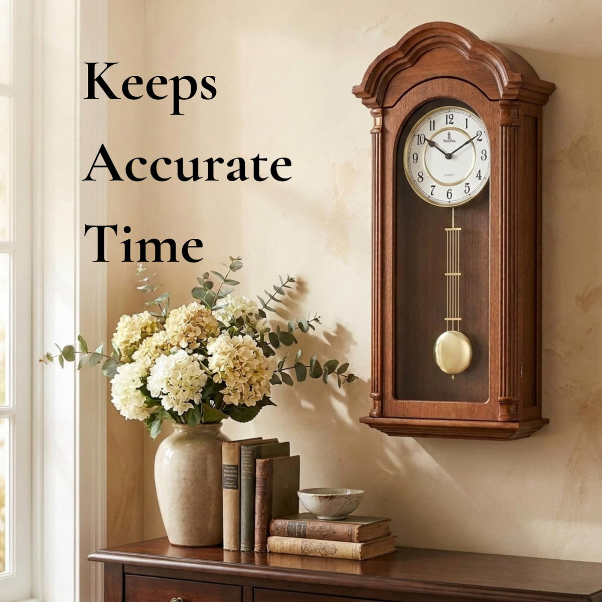 Grandfather Wall Clock with Pendulum — Large Hanging Wooden Battery Operated Non-Chiming Clock 26 x 12 inch - Quiet, Solid Wood Clock for Living Room, Entryway & Home Décor