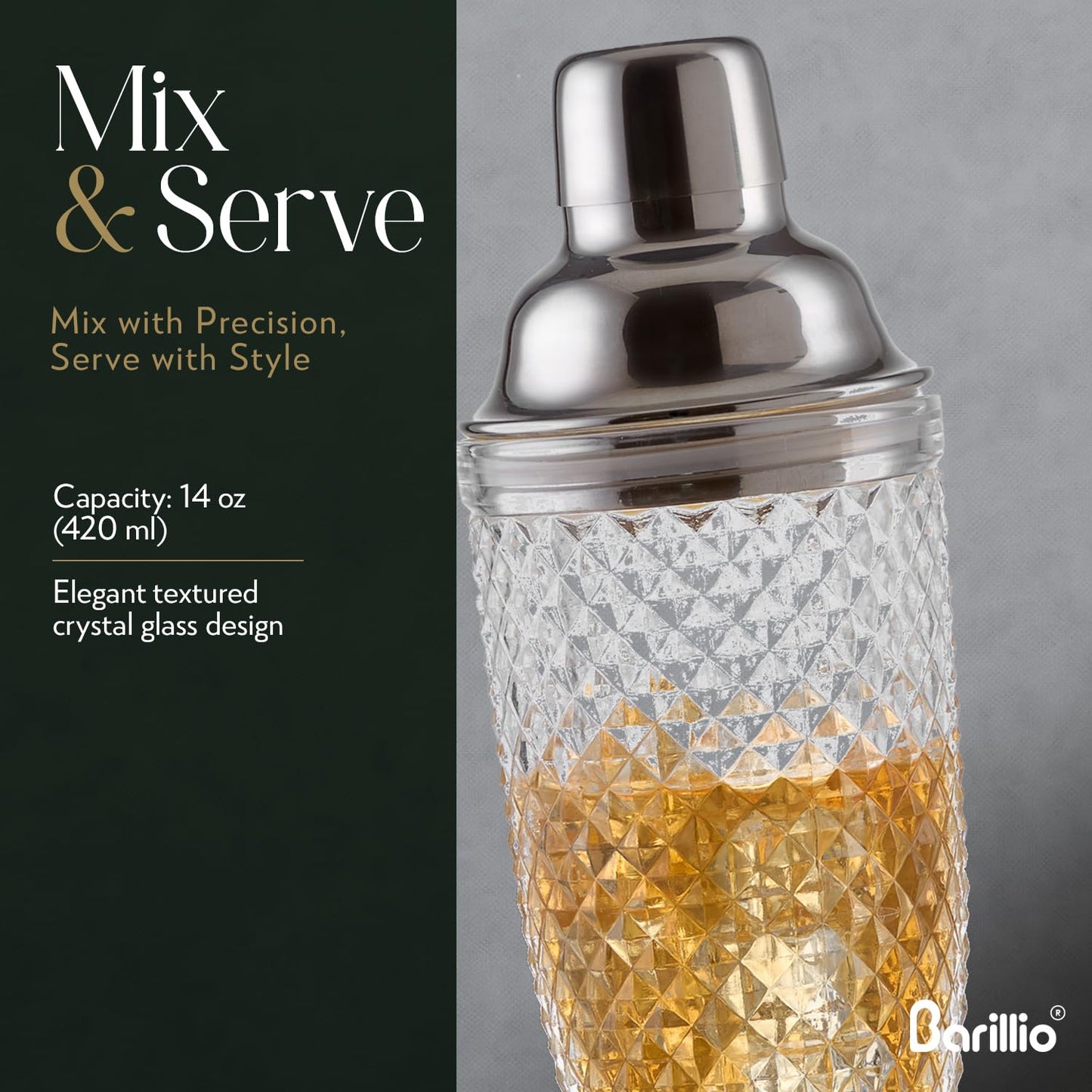 Barillio Glass Cocktail Shaker Set | 14 oz Cobbler Mixer with Bar Tools | Bartender Kit with Measuring Jigger, Mixing Spoon and Muddler | Gift Set