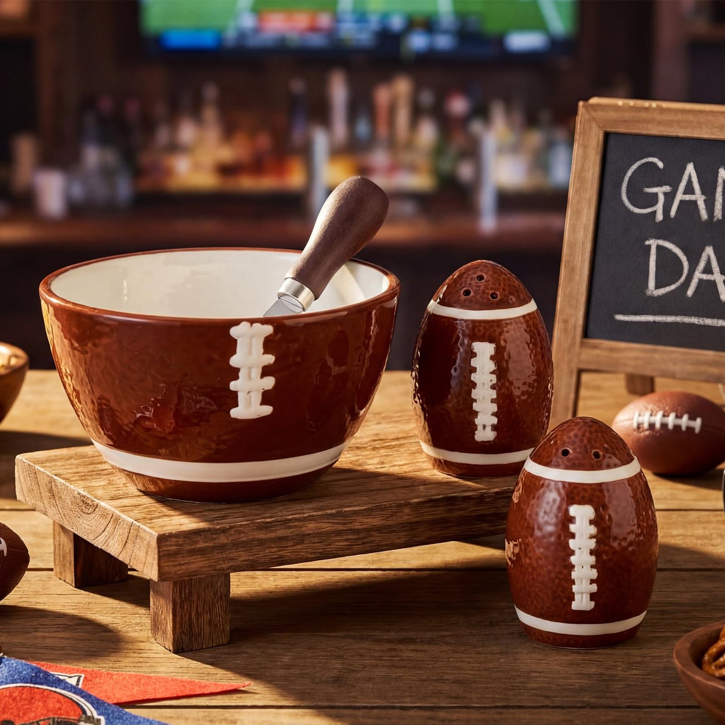 CimoroWin 4 Pcs Football Serving Set Ceramic Bowl Salt & Pepper Shakers And Stainless Steel Spreader for Football Fever Season Sport Lover Party Home Kitchen Dining Table Decoration