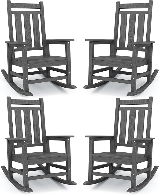 KINGYES Oversized Outdoor Rocking Chair Set of 4, All-Weather Patio Rocking Chairs for Porch, HDPE Outdoor Patio Rockers with High Back & Wide Seat for Garden, Lawn, Gray