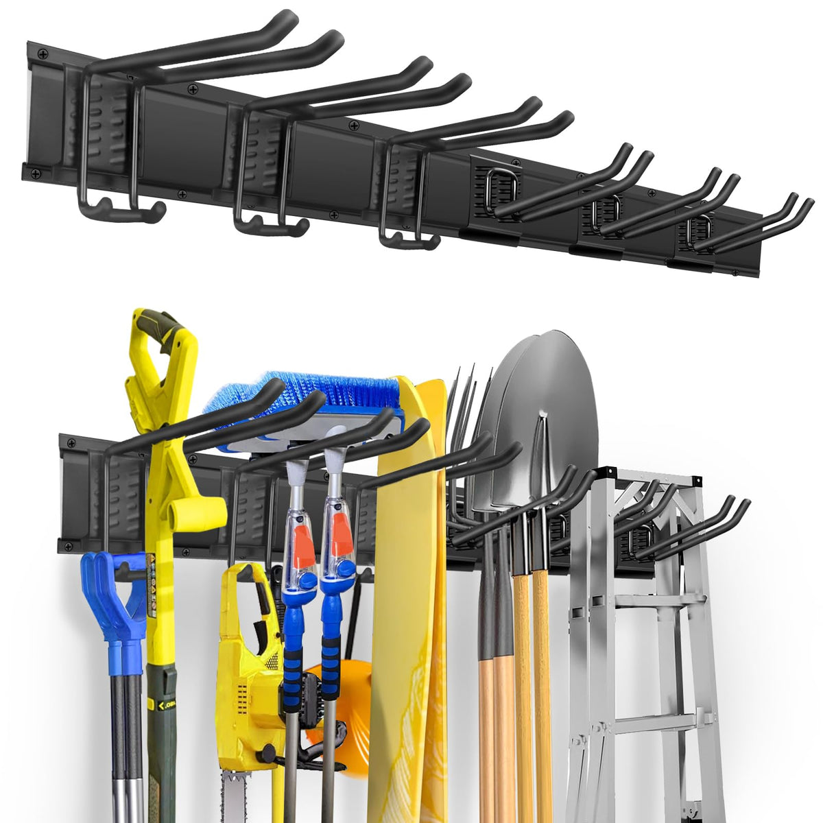 WEZAFO Garage Tool Organizer Wall Mount, Heavy Duty 48 Inches Garage Organization and Storage Racks for Yard Tools with 6 Hooks, Tool Hangers Holders for Hanging Folding Chair, Rake and Shovel