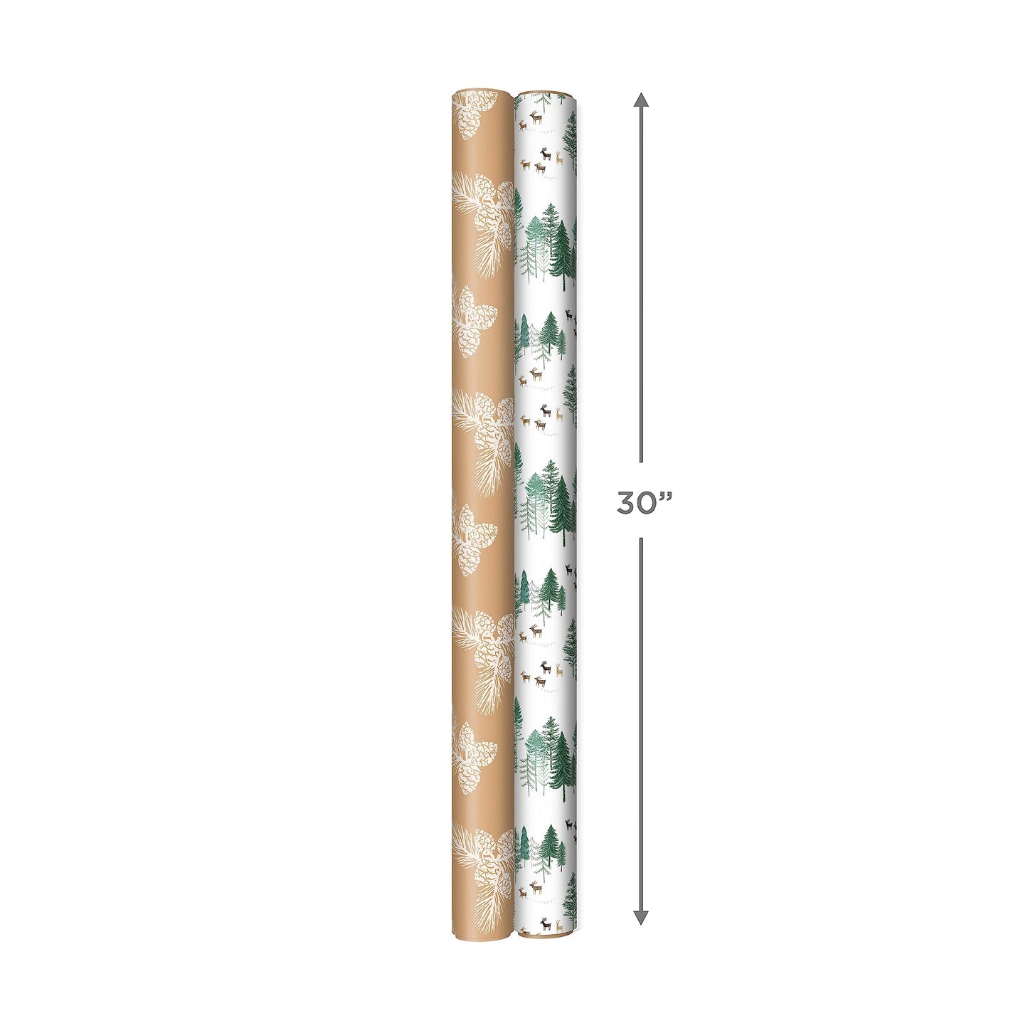 Hallmark Christmas Wrapping Paper Rolls - Green Trees, White Pine Cones on Recyclable Brown Kraft Gift Wrap Paper (Set of 2 Rolls: 150 sq. ft. ttl.) for Holiday Parties, Winter Weddings