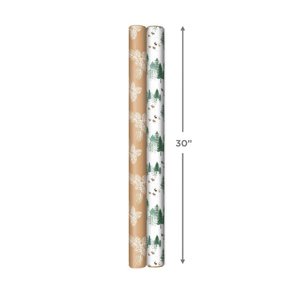 Hallmark Christmas Wrapping Paper Rolls - Green Trees, White Pine Cones on Recyclable Brown Kraft Gift Wrap Paper (Set of 2 Rolls: 150 sq. ft. ttl.) for Holiday Parties, Winter Weddings