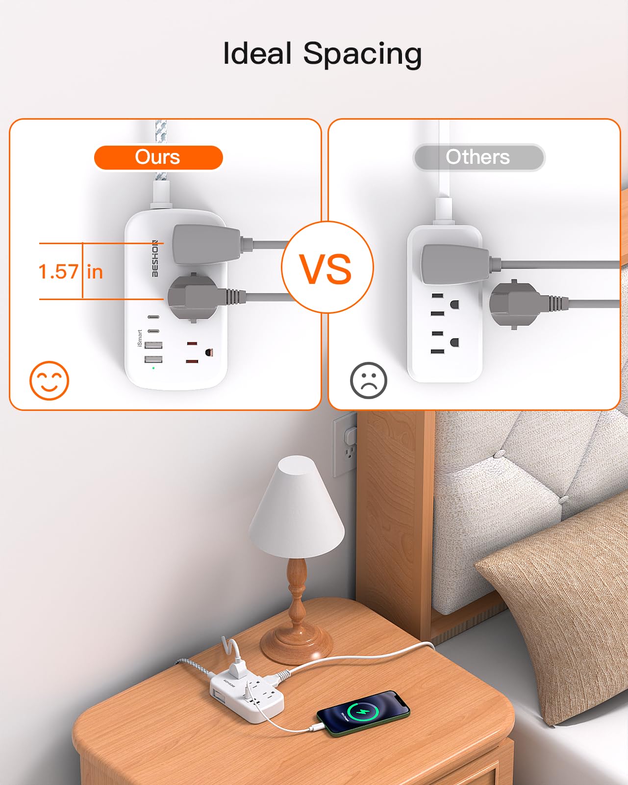 Flat Extension Cord, BESHON 5FT Flat Plug Power Strip with USB C, 6 Outlets 4 USB Port(2 USB C), No Surge Protector, Cruise Ship, Dorm Room Travel Essentials