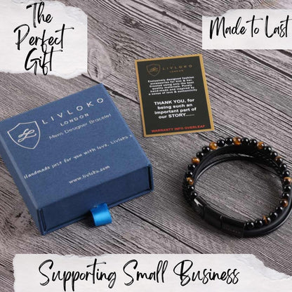 LIVLOKO LONDON Mens Bracelet Leather Black Multi-Layer Tiger Eye Stone Beads Magnetic Adjutable Steel Clasp Viking Rope Bands Surfer Man Wristband Male UK Jewellery Gift box Husband Boyfriend Dad Son