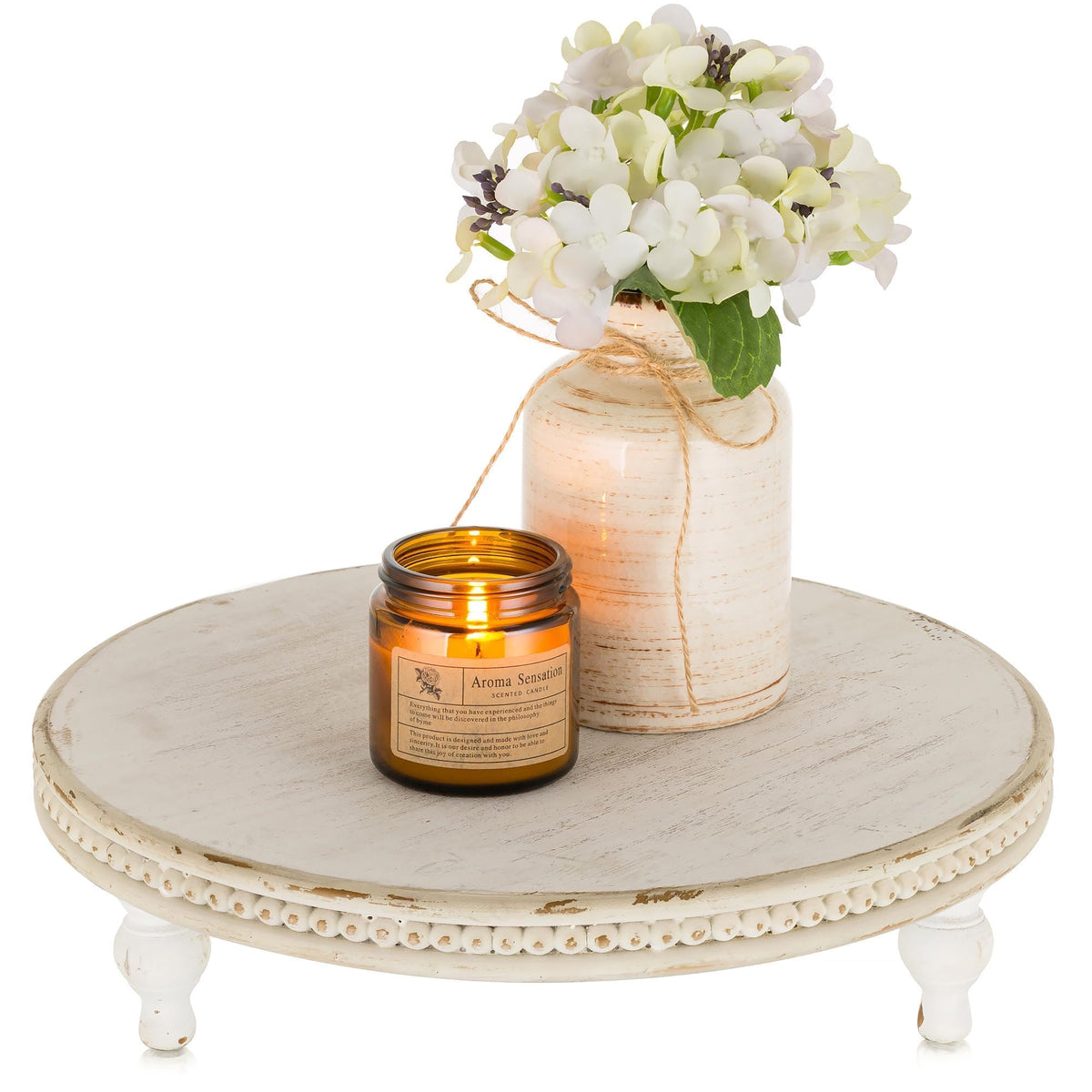 Hanobe Round Decorative Tray Stand: White Beaded Wood Pedestal Risers Farmhouse Circle Display Holder for Coffee Table Home Decor Kitchen Bathroom Counter