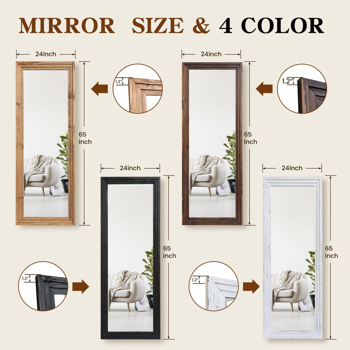 ABSWHLM Full Length Mirror 65"x24" Solid Wood Frame Floor Large Mirror for Living Room, Bedroom Hanging or Leaning Wall-Mounted, Light Brown
