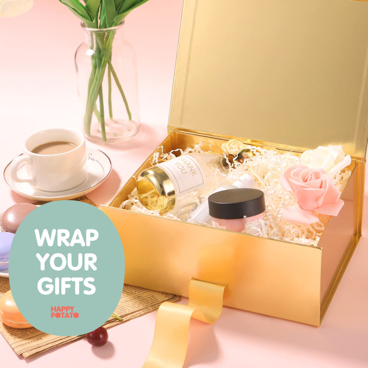 HAPPY POTATO 5 Gift Boxes with Ribbon 9x6.5x3.8 Inches, Gold Gift Boxes with Lids, Collapsible Boxes, Magnetic Closure Boxes for all occasion (Glossy Gold, Pack of 5)