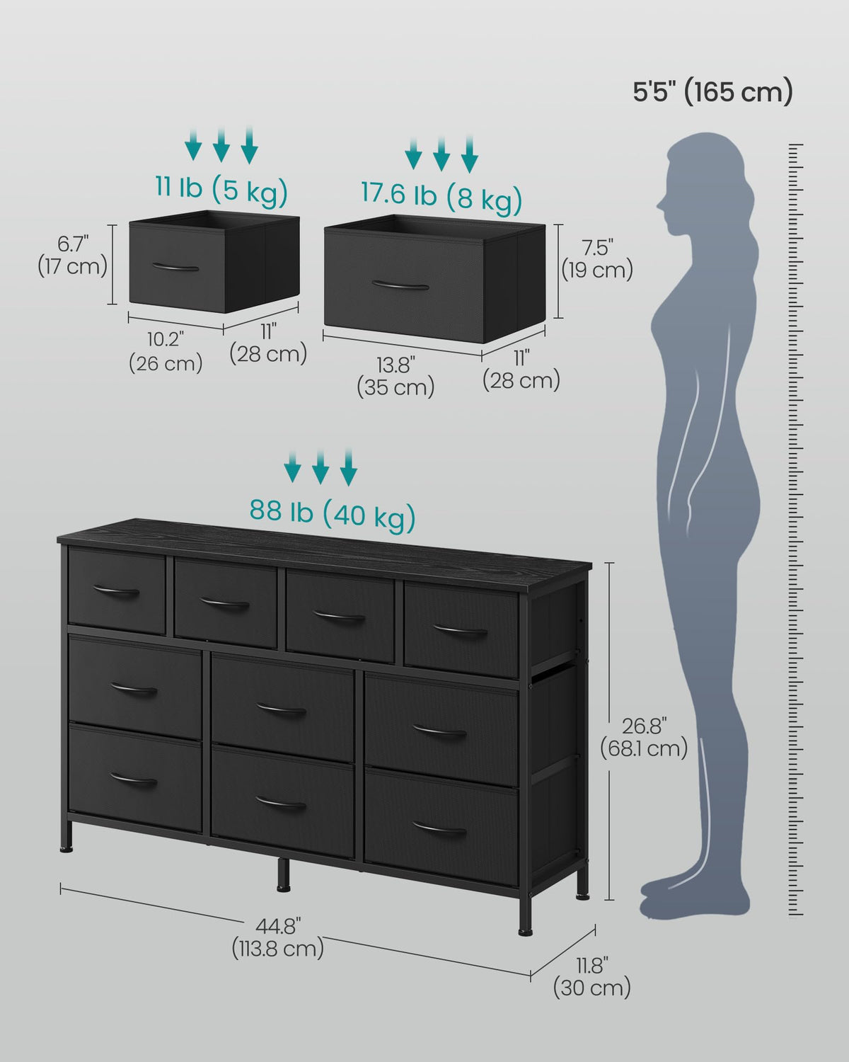 SONGMICS BELLAH Collection - Dresser for Bedroom, Chest of Drawers, TV Stand for TVs Up to 55 Inches, Living Room, Closet, 10 Drawers, Modern, Ink Black ULGS333BH02S