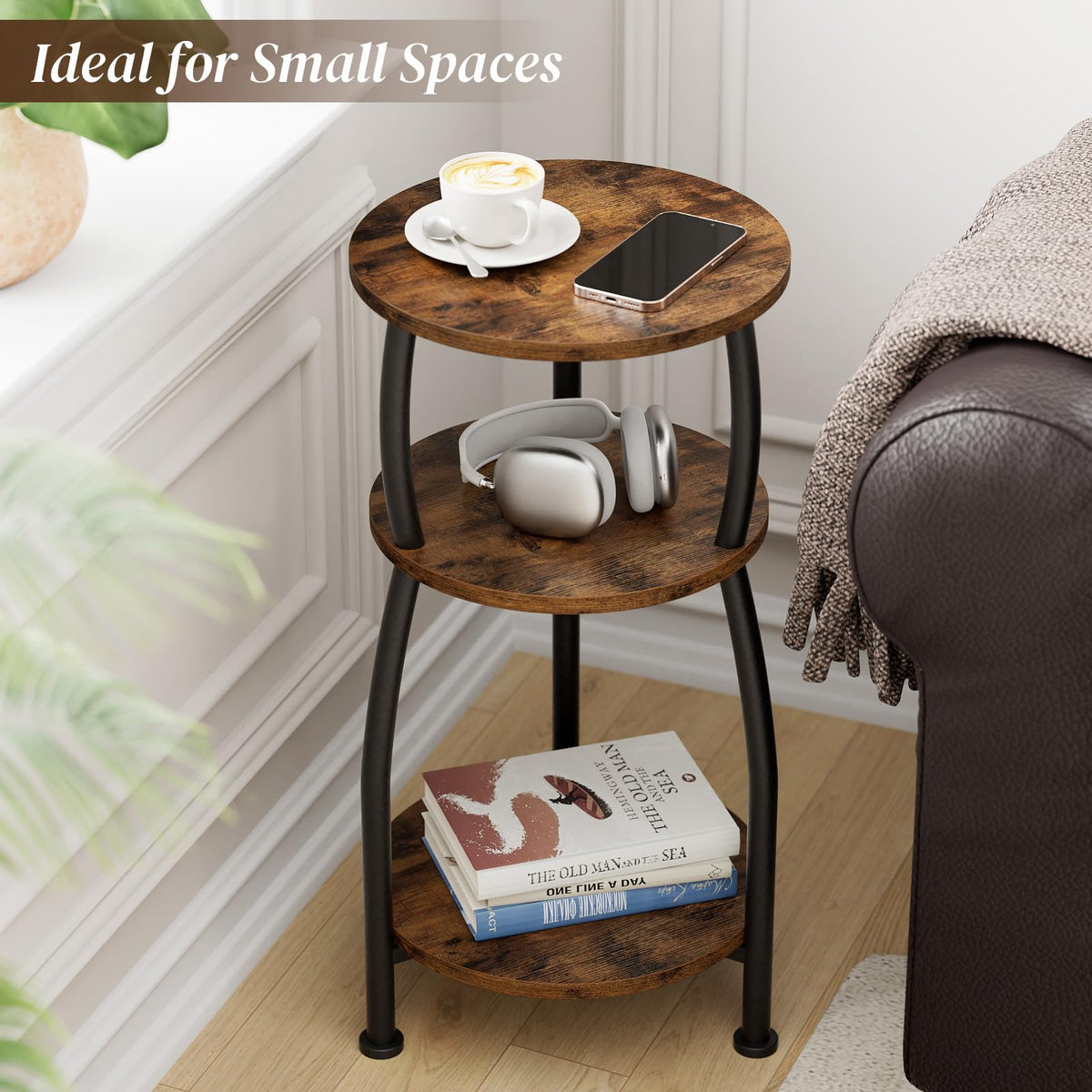 Yuede Small Round Side Table for Small Spaces, 3-Tier End Table with Storage Shelf, Slim Night Stand Sofa Corner Table for Living Room Bedroom, Patio and Corner, Rustic Brown