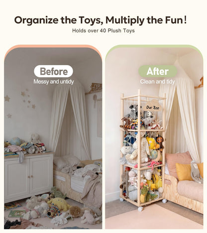 Mallify Stuffed Animal Storage, 54 Inch Wooden Stuffed Animal Zoo with Brake Wheels, Large Capacity Plush Toy Organizer for Nursery Playroom Bedroom