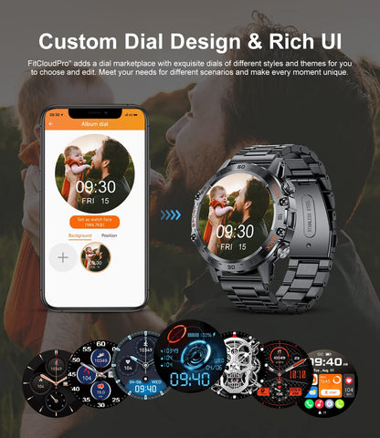 Military Smart Watch for Men, Smart Watches with Bluetooth Voice Call Compatible Android iOS Phone, Smartwatch with Heart Rate SpO2 Pressure Sleep Monitor, IP67 Waterproof Tactical Fitness Watch
