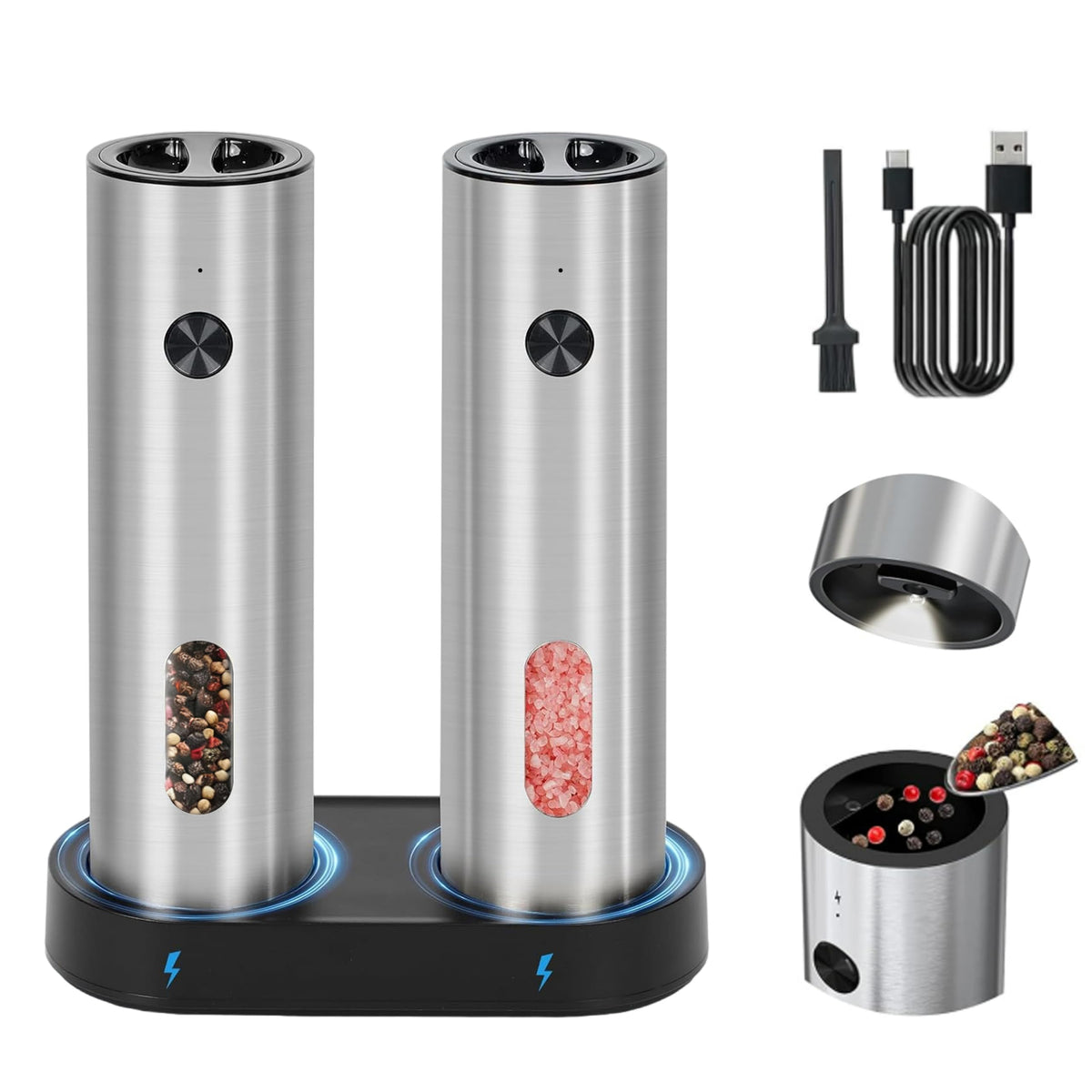 Candlejeeft Electric Salt and Pepper Grinder Set,Rechargeable,Adjustable Coarseness,LED Light with Dual Charging Base,110ml Upgraded Large Capacity,Top-Refill,Stainless Steel Automatic Pepper Shakers