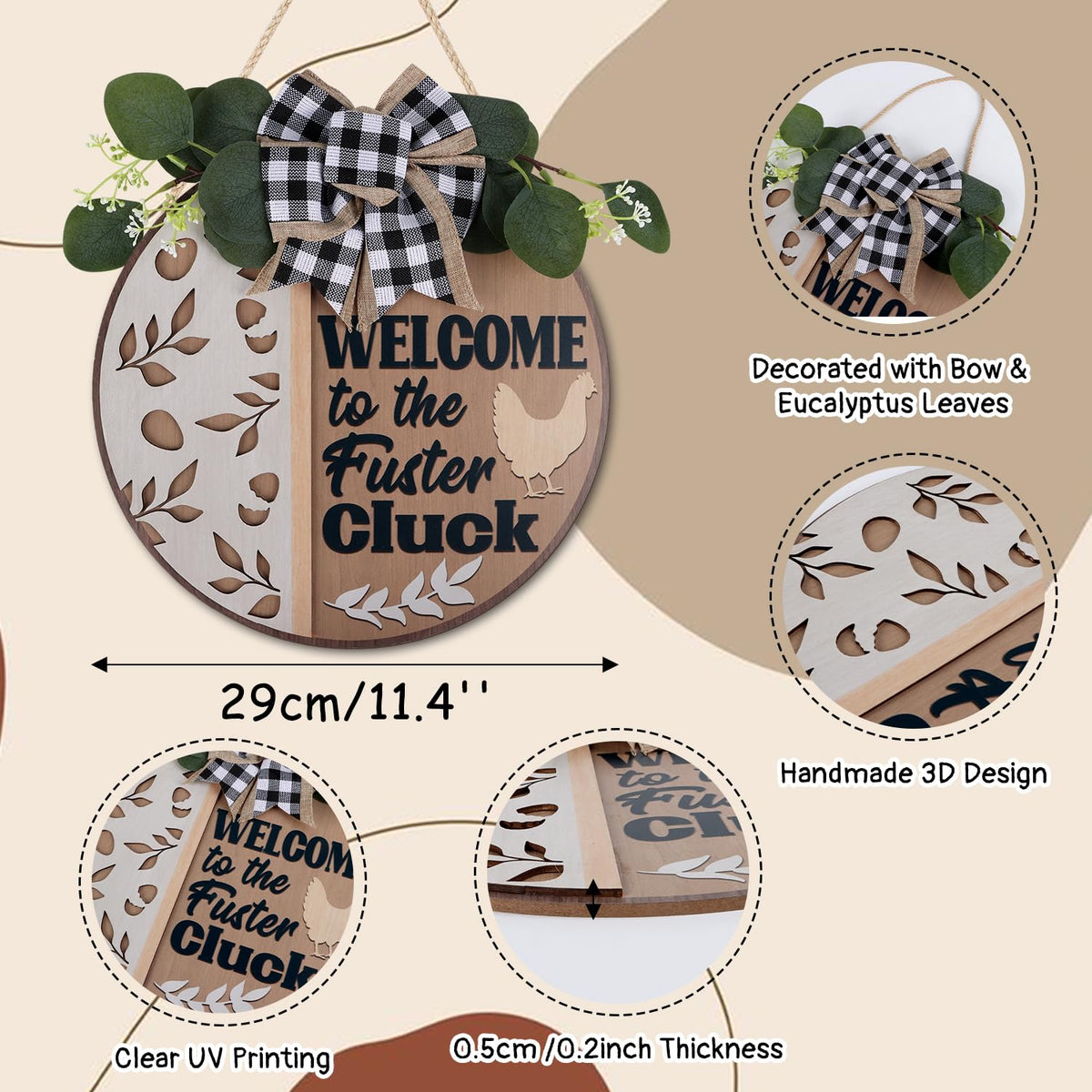 CHDITB Funny Chicken Wooden Sign, Rustic Farmhouse Wall Art Plaque, Chicken Coop Barnyard Hanging, Hen House Coop Round Sign,Welcome To The Fuster Cluck Door Hanger For Porch Outdoor Country Home Decor