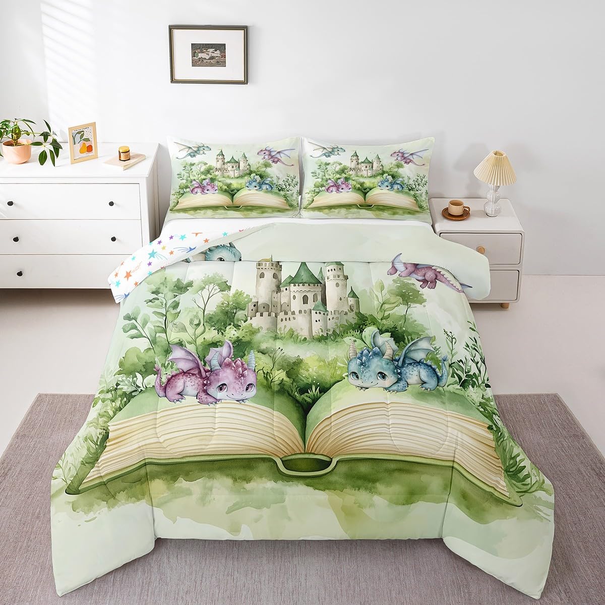 Kawaii Dragon Kids Comforter Sets Toddler Size,Jungle Princess Castle Bedding Comforter Sets,Boys Girls Magic Book Quilt Sets for Bedroom Decor,Green Plants Leaves Duvet Insert with 1 Pillowcase