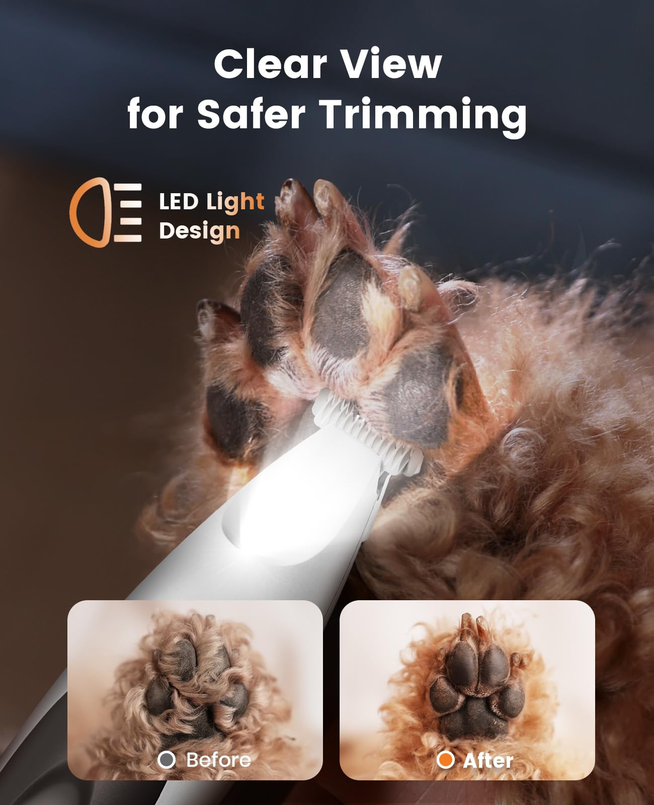 oneisall Dog Paw Trimmer with LED Light, Low Noise Dog Clippers Grooming Kit,20 mm Widen Blade, Cordless Pet Clippers Shaver for Dogs Cats Paws, Eyes, Ears, Face