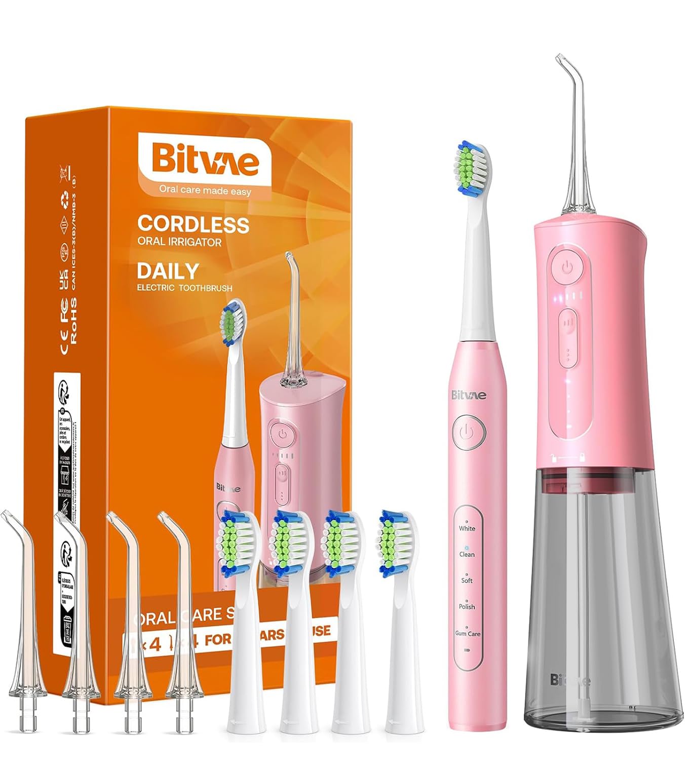Bitvae Water Dental Flosser Teeth Picks, Cordless Water Flosser for Teeth, Braces, Dental Care and Rechargeable Rotary Electric Toothbrush Combo Set, 4 Tips, 4 Brush Heads, Waterproof, Black, C5+R1