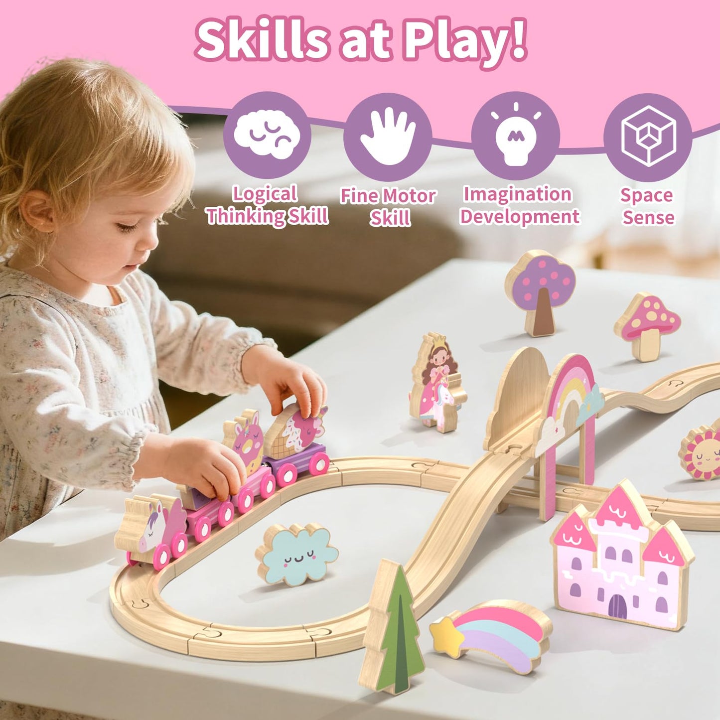 Lehoo Castle Wooden Train Set, Train Set for Toddlers 2-4, Wooden Train Track for Girls, Unicorn Toys for Girls Age 4-6, Toys for 3 4 5 6 Year Old Girl Gifts for Christmas Birthday