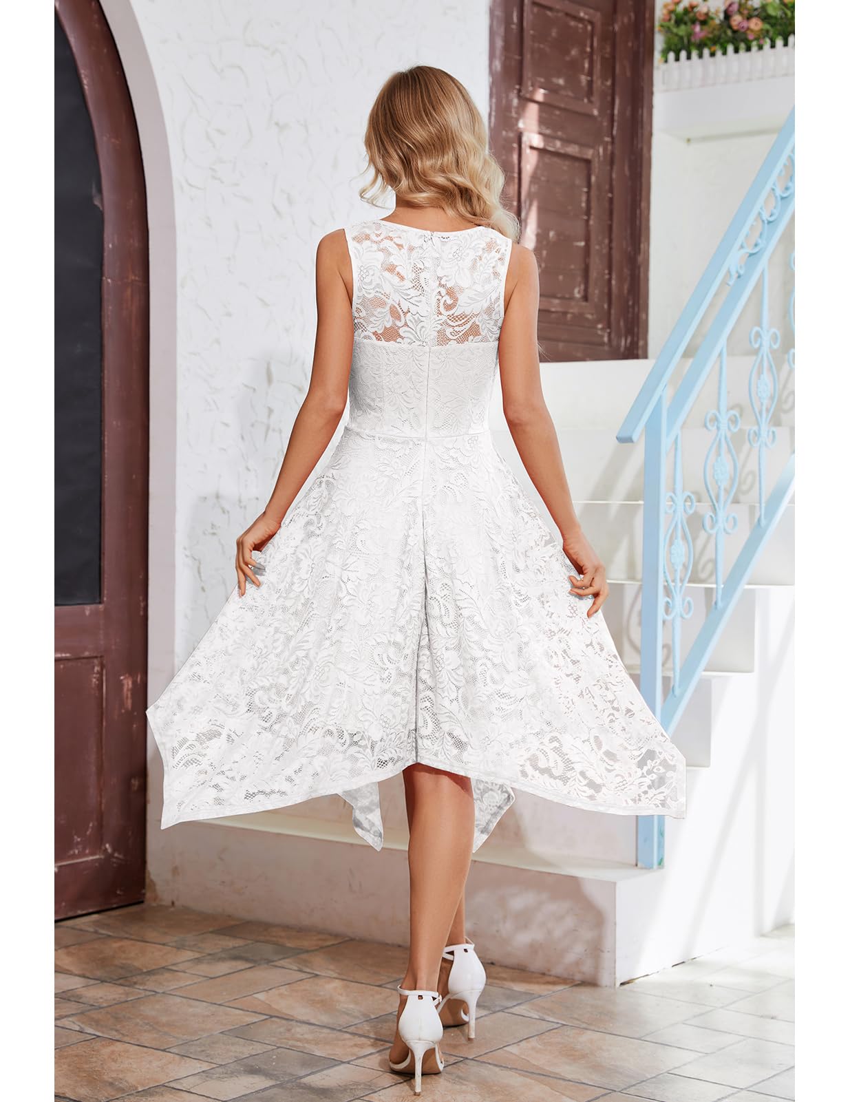 Meetjen Simple Wedding Dress for Bride 2025 V Neck Cocktail Semi Formal Floral Lace Summer Fancy Party Dresses White M
