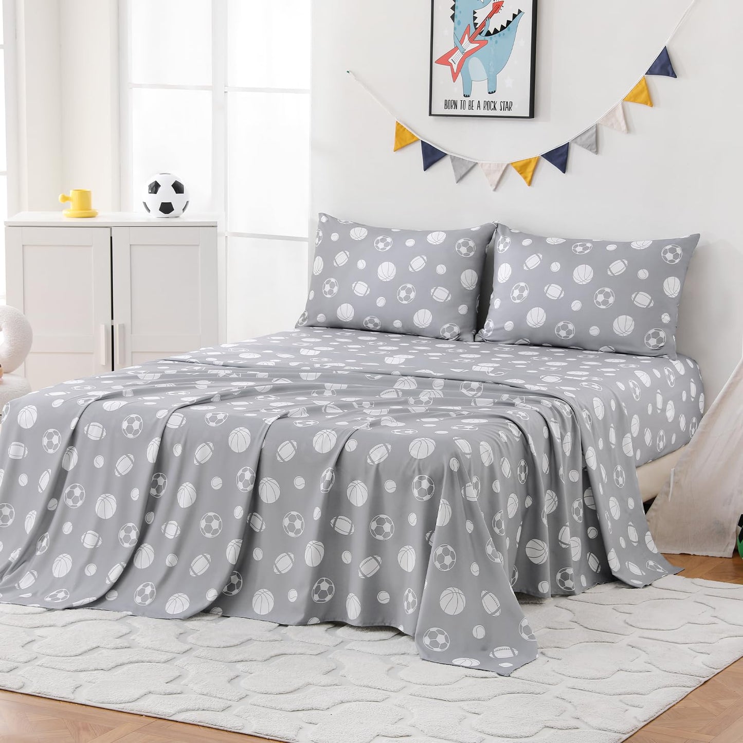 MICORAL Kids Twin Sheet Set Sports, 3 Pieces Sheets for Boys & Girls, Soft Printed Microfiber Bed Sheets, Deep Pocket Cozy Toddler Bedding Set, Sports