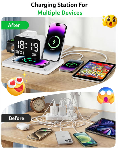 Acer 7-in-1 Wireless Charging Station with LED Clock - 30W Fast Wireless Charger for iPhone 16/15/14/13/12/Pro Max, Apple Watch, AirPods - Bluetooth Auto Time Sync & Night Lights (White)