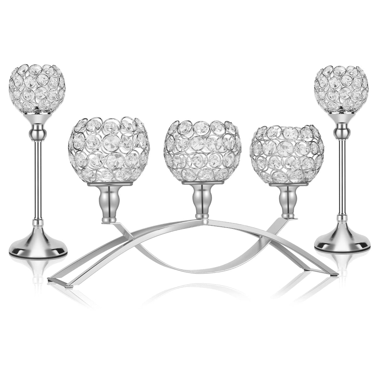 DARCKLE Silver Crystal Candle Holders, Decorative Arch Candelabra Centerpieces for Tables, 3-Arm Candlesticks Holder and 2 Glass Holders, Silver Table Decor for Wedding, Party, Anniversary