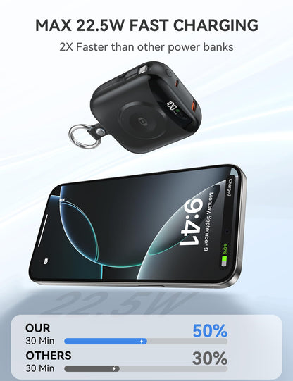 Portable Charger, 10000mAh 22.5W Fast Charging Power Bank with Built-in Cables, Travel Essentials Battery Pack with LED Display for iPhone, Portable iWatch Charger for 11/10/9/8/7/6/5/4/SE/Ultra Black