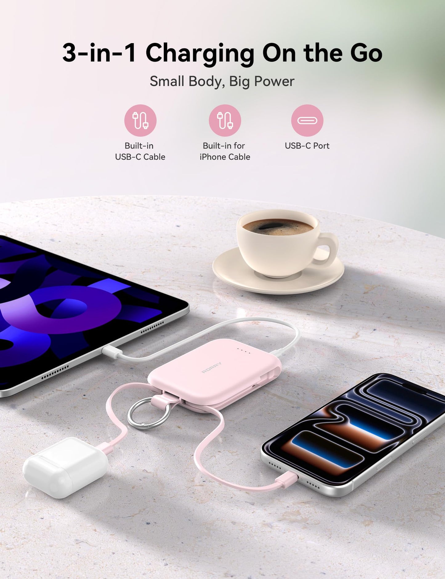 RORRY Portable Charger, 5000mAh Portable Charger Power Bank with Built-in Cables, Travel Keychain Charger Battery Pack for iPhone 17/16/15/14/13/12, for AirPods 2/3/4/Pro, Black