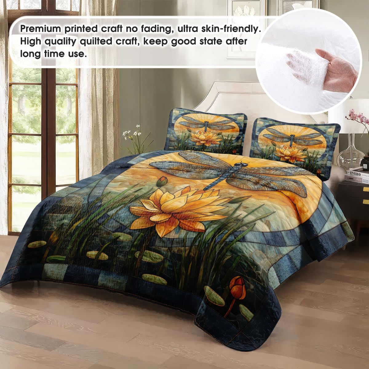 Jeminise Dragonfly Patchwork Pattern Quilt Set, Animal Style, Dragonfly Quilt Set Bedspread, Custom Patchwork Pattern Quilt Bedset, Cotton Bedding for Bedroom Girl Room