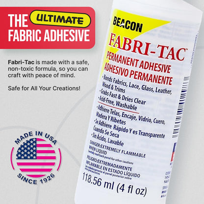 Beacon Fabri-Tac 118ml Permanent Adhesive Fabric Glue - Strong Leather Glue for Lace, Clothes, Glass, Wood & Trims - Quick Drying Craft Glue for Upholstery, Home decor & Household Repairs