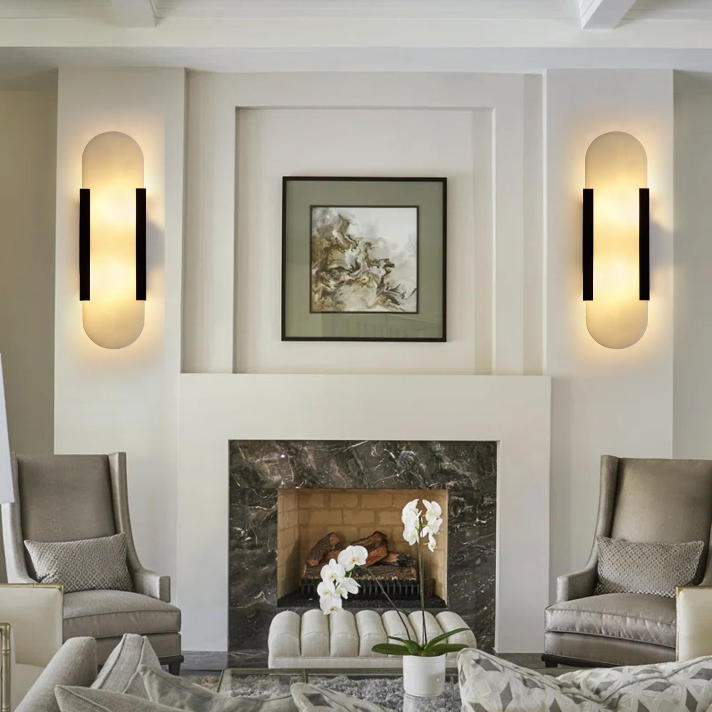 Fanyank 13.8in Alabaster Wall Sconces Set of Two, Natural Marble Wall Lighting，Alabaster Wall Lamp for Bedroom Stairs, Living Room, Vanity, Hallway Bedside(Bulb Included)